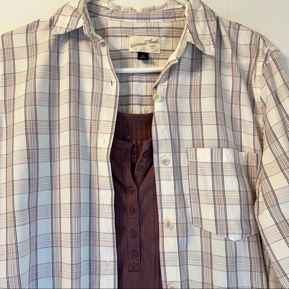 Oversized XS Plaid Button Shirt + Tank S Set Cream Plum Lightweight Layered Look - Picture 3 of 10